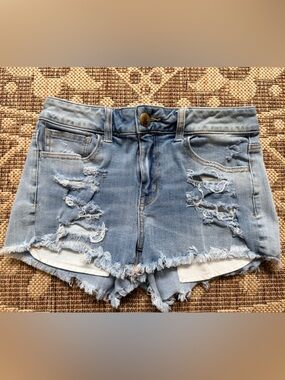 American Eagle Hi-Rise Shortie Distressed Destroyed Jean Shorts Sz 4 Women’s
